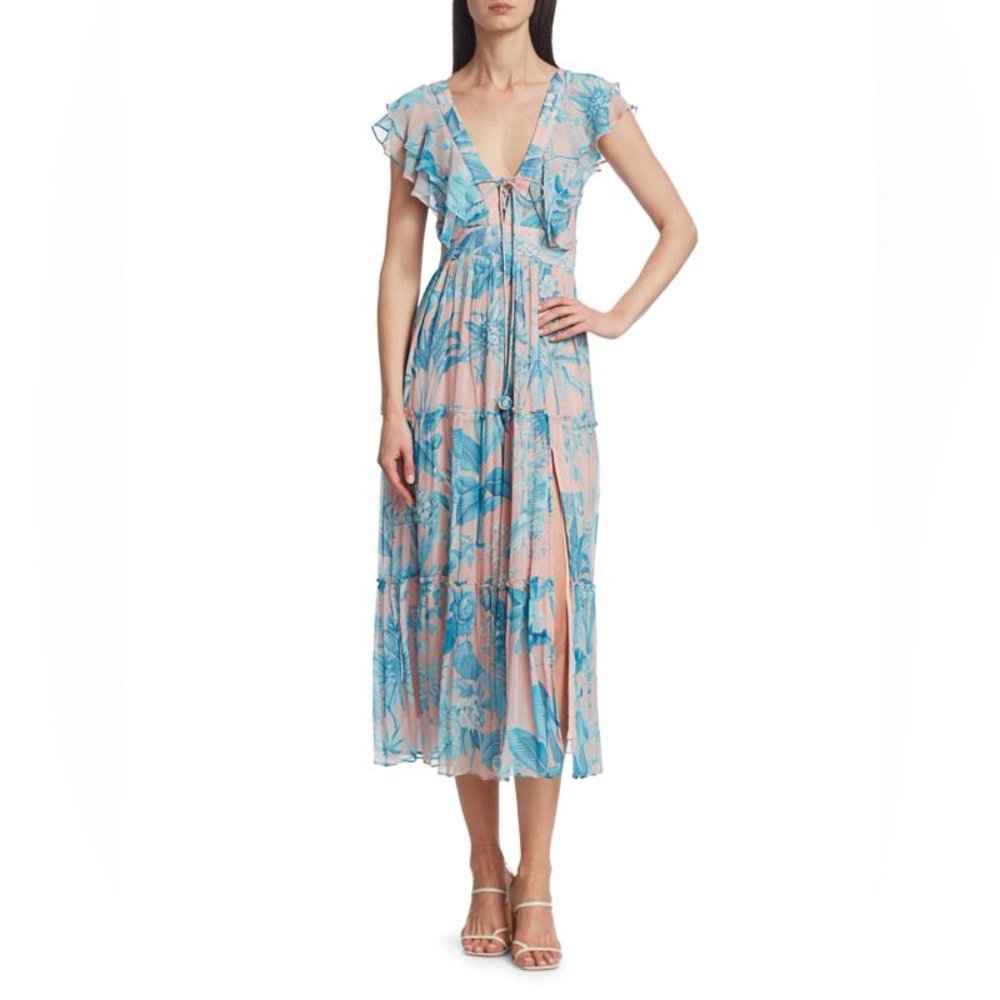 Hemant & Nandita Olivia Flutter Sleeve Ruffle Midi / Maxi Dress Tropical Print